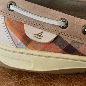 Sperry Boat Shoes Tan Tassel Loafers orange cream plaid size 10